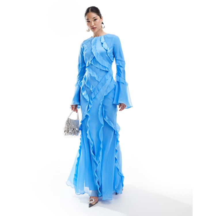 asos design long sleeve bias chiffon maxi dress with ruffles ASOS DESIGN long sleeve ruffle maxi in satin and chiffon mix in blue