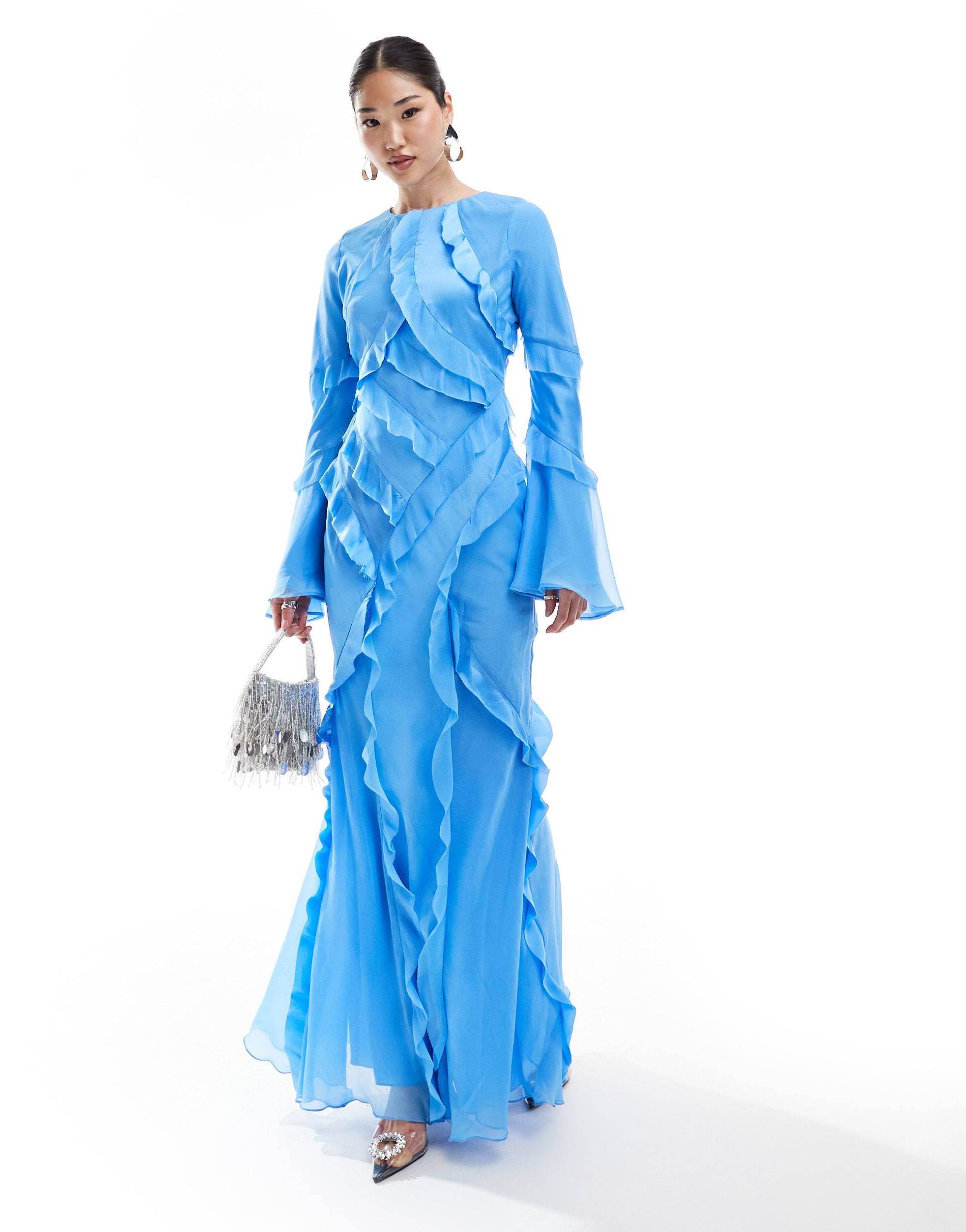 asos design long sleeve ruffle maxi in satin and chiffon mix in blue