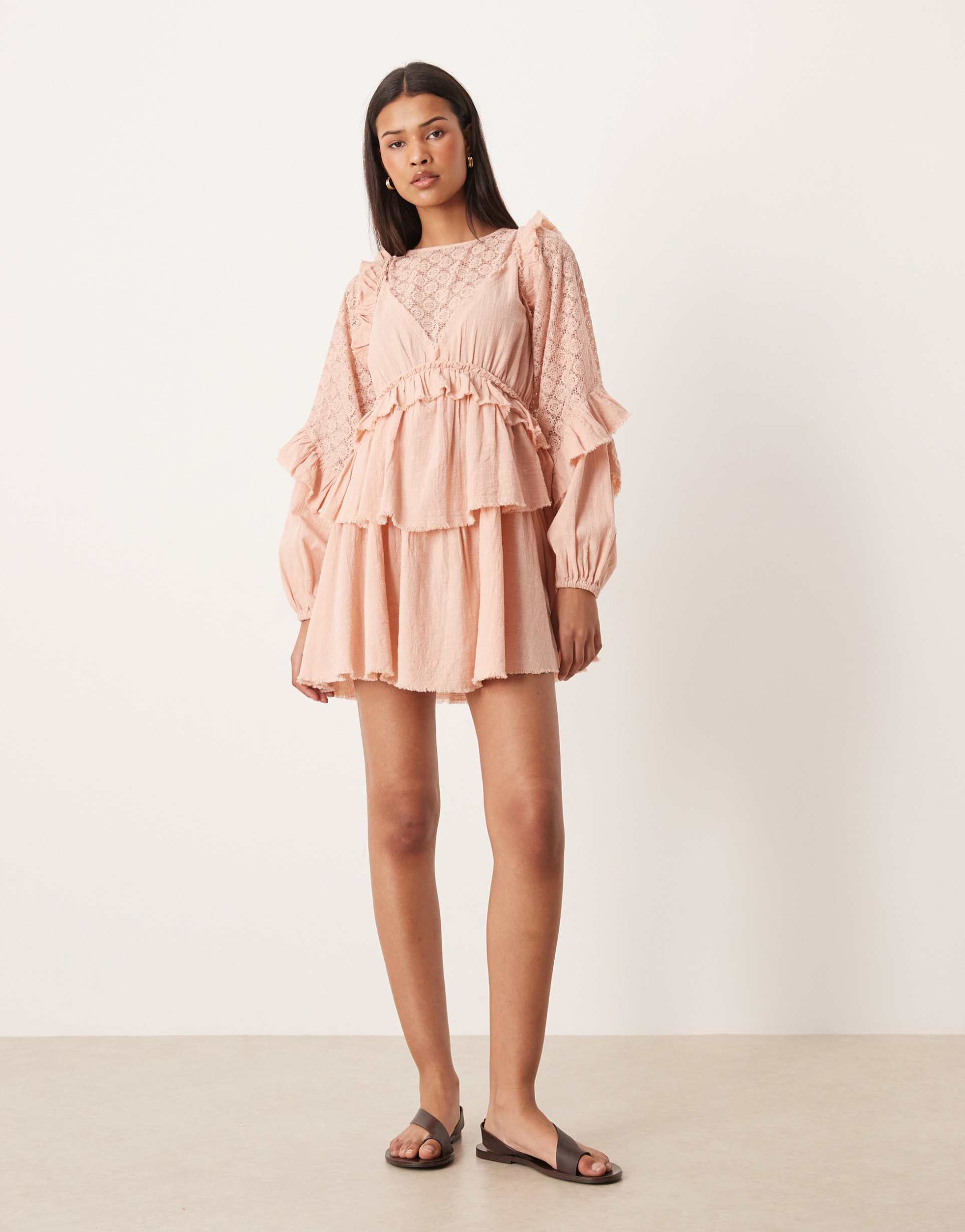 asos design long sleeve ruffle mini dress in dusty pink