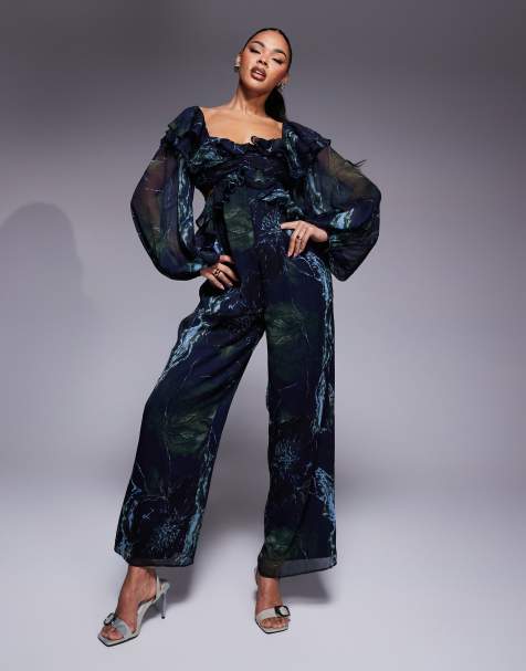 ASOS DESIGN long sleeve ruffle off shoulder jumpsuit in blurred floral print - view 1