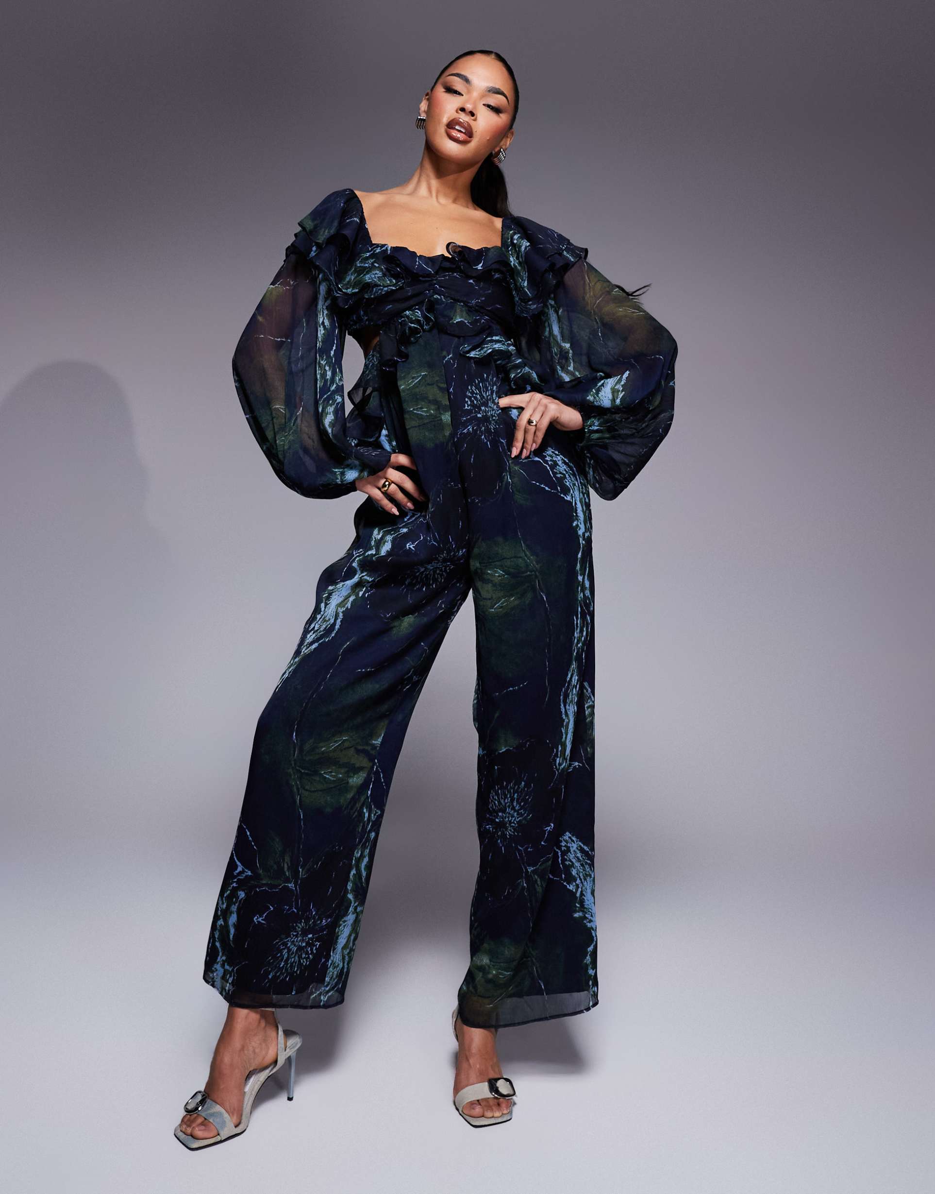 asos design long sleeve ruffle off shoulder jumpsuit in blurred floral print