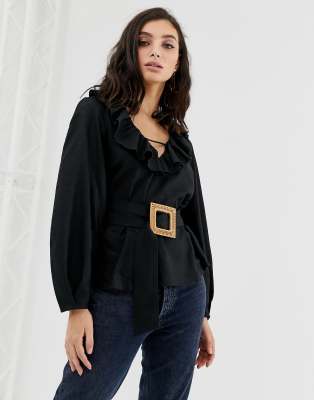 ASOS DESIGN long sleeve ruffle v neck blouse with wicker buckle belt detail in linen-Black