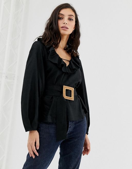 ASOS DESIGN long sleeve blouse with pocket detail in Black