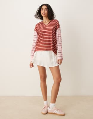 Asos Design Long Sleeve Rugby Collar Top In Multi