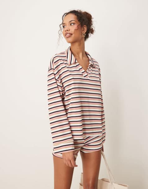 ASOS DESIGN long sleeve rugby collar top in pink stripe - part of a set - view 1