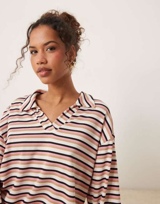 ASOS DESIGN long sleeve rugby collar top in pink stripe - part of a set, 2 of 4
