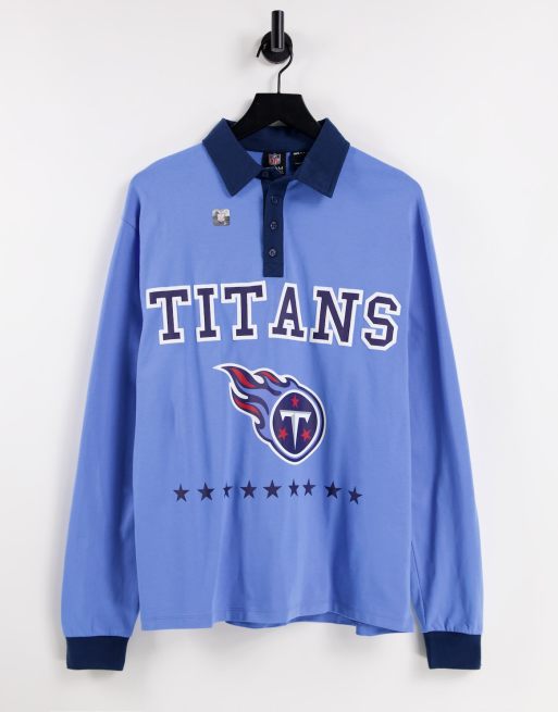 ASOS DESIGN long sleeve rugby polo with NFL Titans print in blue