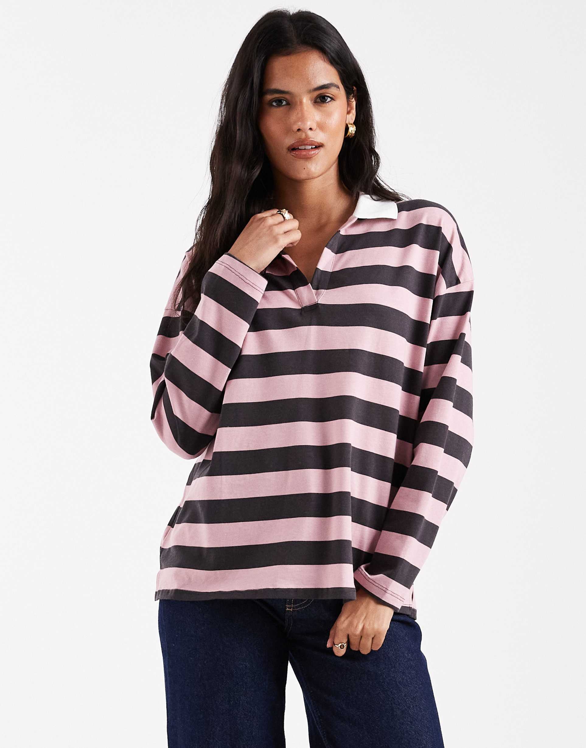 asos design long sleeve rugby tee in chocolate and mauve stripe