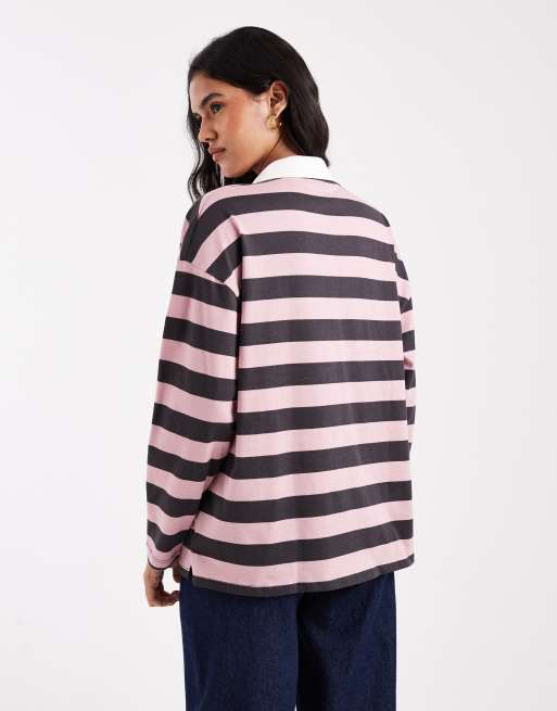 ASOS DESIGN long sleeve rugby tee in chocolate and mauve stripe