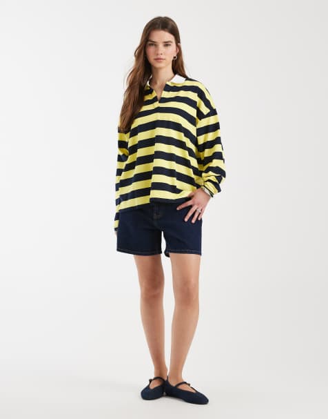 ASOS DESIGN long sleeve rugby tee in navy and yellow stripe - view 2