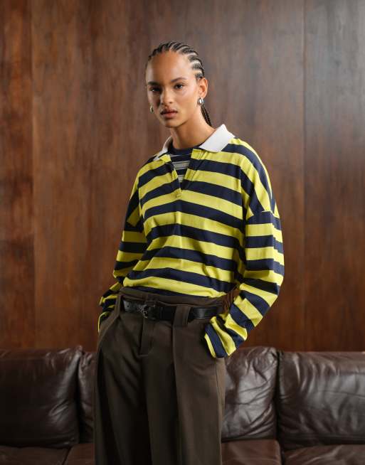 ASOS DESIGN long sleeve rugby tee in navy and yellow stripe