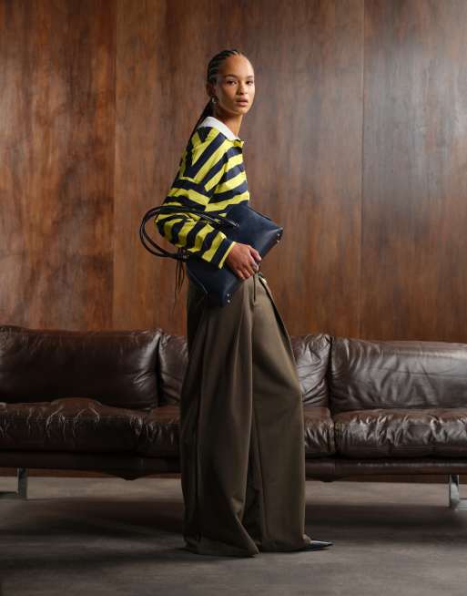 ASOS DESIGN long sleeve rugby tee in navy and yellow stripe