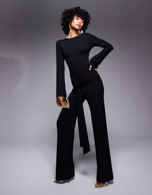 long sleeve sash waist jumpsuit with open back in black