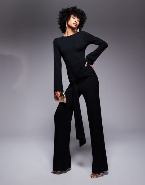 ASOS DESIGN long sleeve sash waist jumpsuit with open back in black - view 1