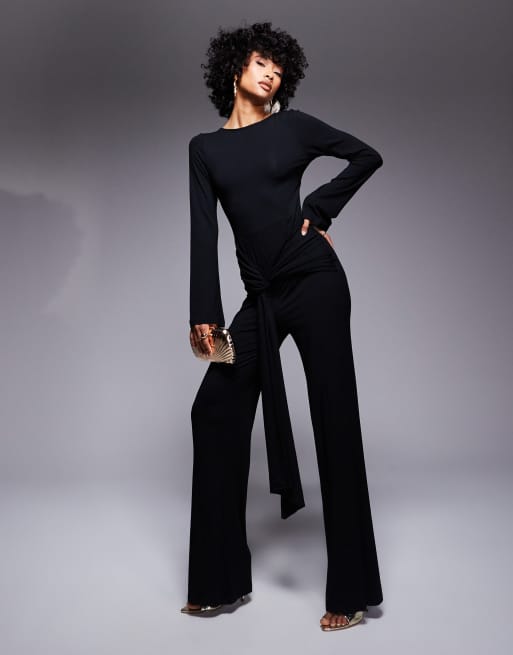 ASOS DESIGN long sleeve sash waist jumpsuit with open back in black