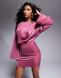 [ASOS DESIGN] ASOS DESIGN long sleeve satin batwing mini dress in orchid-Purple 14 Orchid