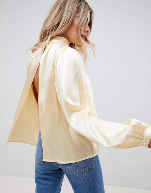 ASOS Long Sleeve Satin Blouse With High Neck And Open Back in