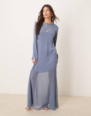 Asos Design Long Sleeve Satin Chiffon Maxi Dress In Blue