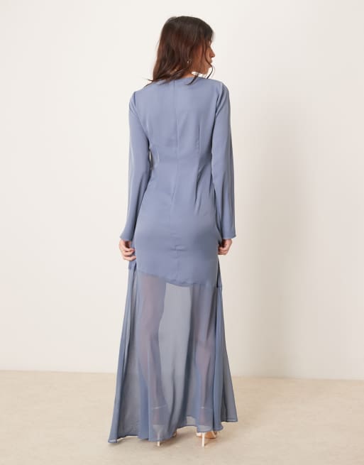knee length dresses for ladies Blue Long Sleeve Satin Structured Bow Draped Column Gown