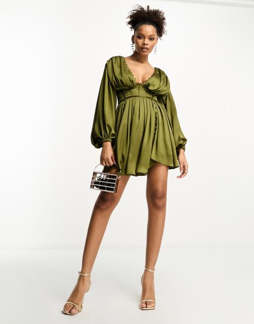 ASOS DESIGN long sleeve satin corset mini dress with skater skirt in khaki