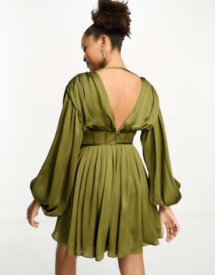 ASOS DESIGN long sleeve satin corset mini dress with skater skirt in khaki