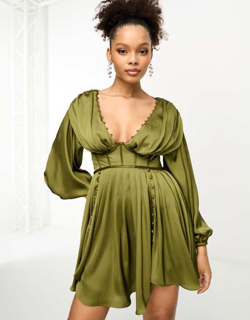 OLIVE WRAP VELVET DRESS WITH STUDDED BELT