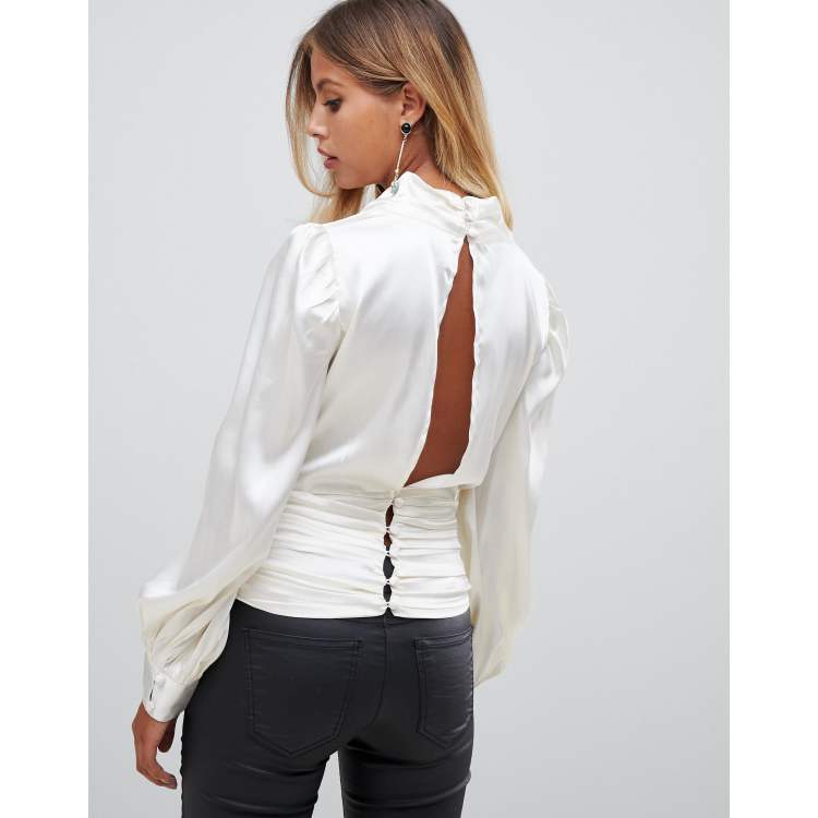 ASOS DESIGN long sleeve satin cowl neck top with gathered waist