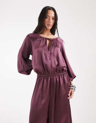 Asos Design Long Sleeve Satin Jumpsuit In Green