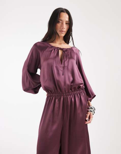 ASOS DESIGN long sleeve satin jumpsuit in burgundy - view 1