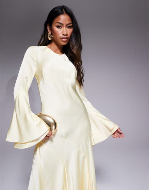 ASOS DESIGN long sleeve satin maxi dress with full skirt and godet in lemon yellow - view 1