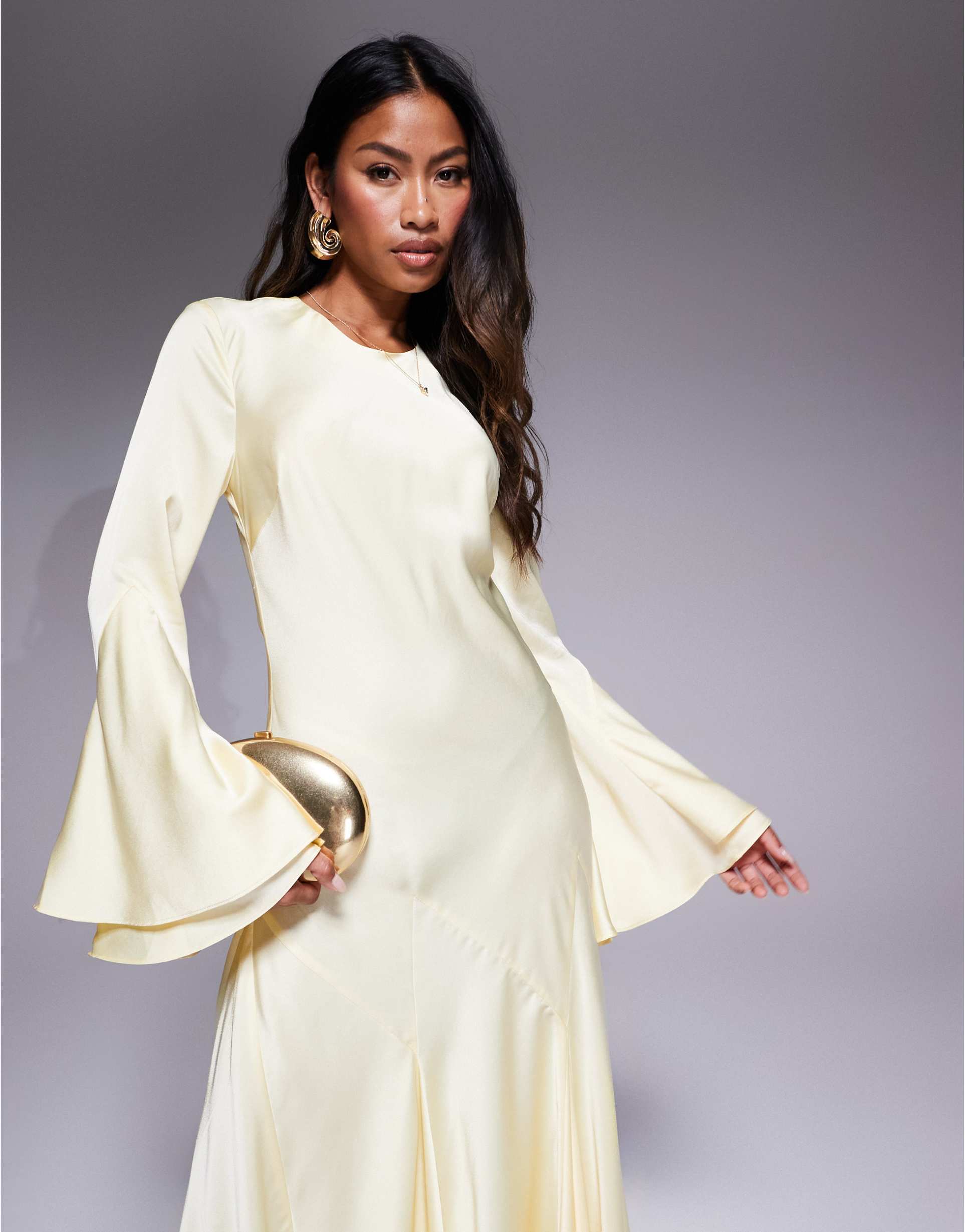 asos design long sleeve satin maxi dress with full skirt and godets in lemon yellow