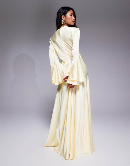 ASOS DESIGN long sleeve satin maxi dress with full skirt and godets in lemon yellow