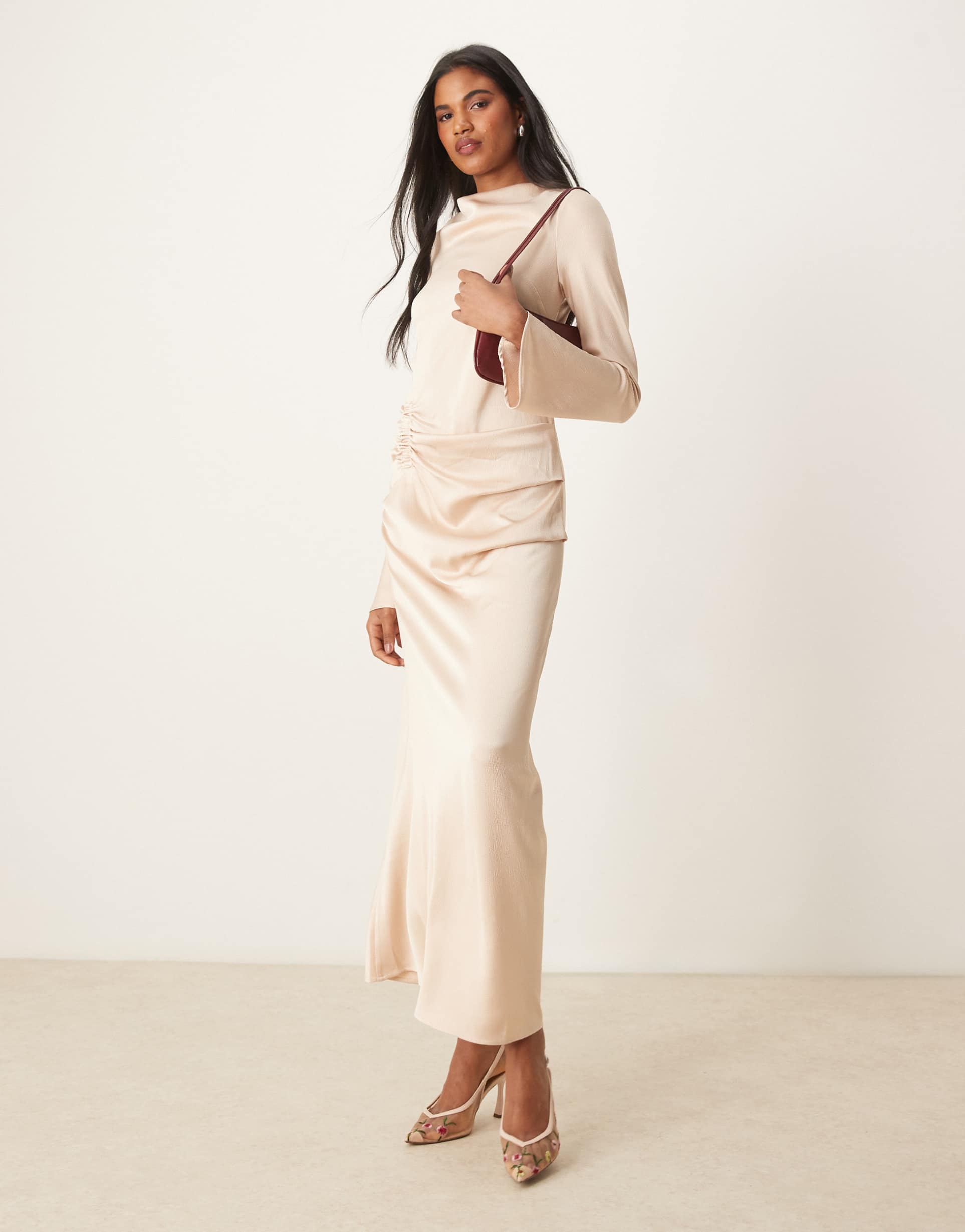 asos design long sleeve satin maxi dress with ruched tab detail in oyster