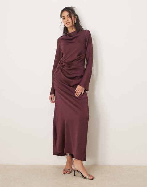 ASOS DESIGN long sleeve satin maxi dress with ruched tab detail in plum - view 1