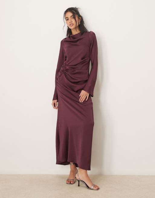 ASOS DESIGN long sleeve satin maxi dress with ruched tab detail in plum