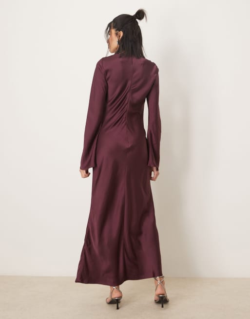 ASOS DESIGN long sleeve satin maxi dress with ruched tab detail in plum
