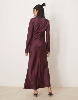 ASOS DESIGN long sleeve satin maxi dress with ruched tab detail in plum