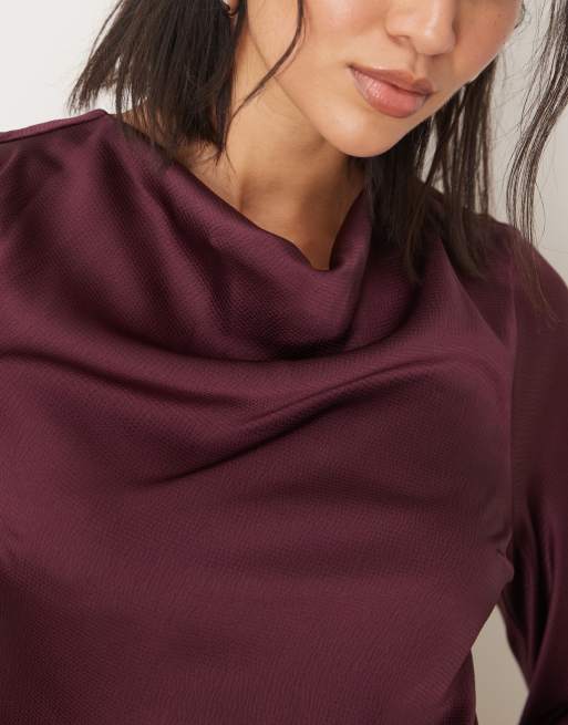 ASOS DESIGN long sleeve satin maxi dress with ruched tab detail in plum