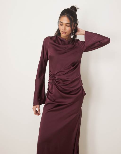 ASOS DESIGN long sleeve satin maxi dress with ruched tab detail in plum