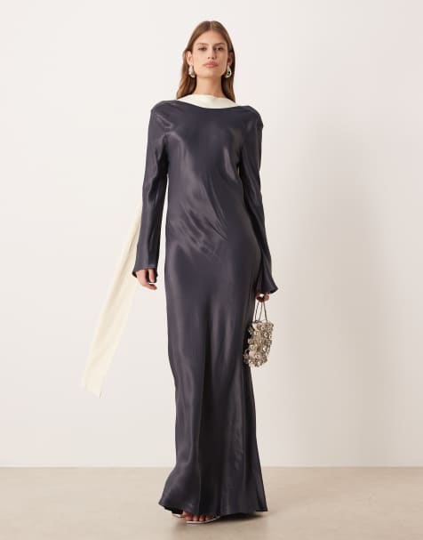 ASOS DESIGN long sleeve satin maxi dress with scarf in navy