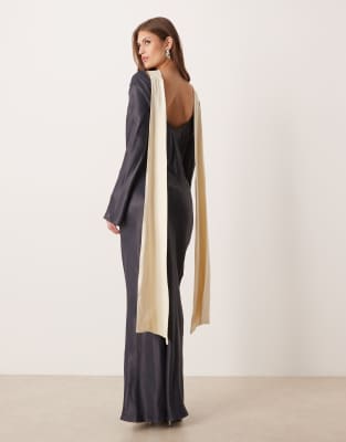 Asos Design Long Sleeve Satin Maxi Dress With Scarf In Multi