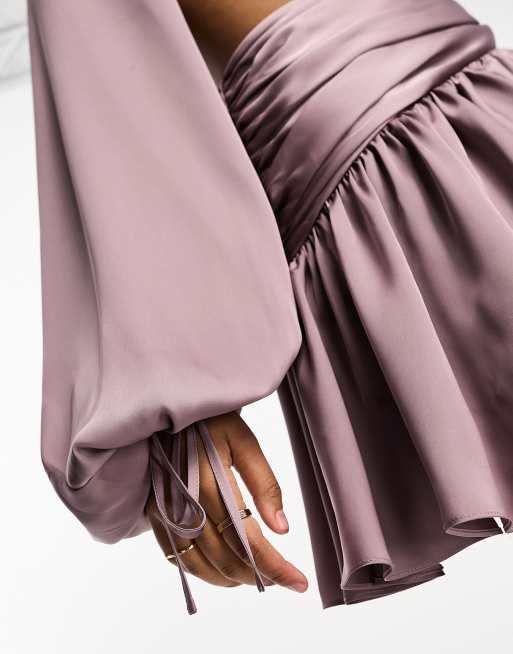 ASOS DESIGN long sleeve satin mini with cut out and skater skirt in lilac, 4 of 4