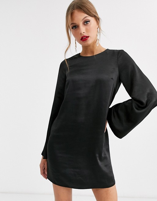 black satin mini dress long sleeve