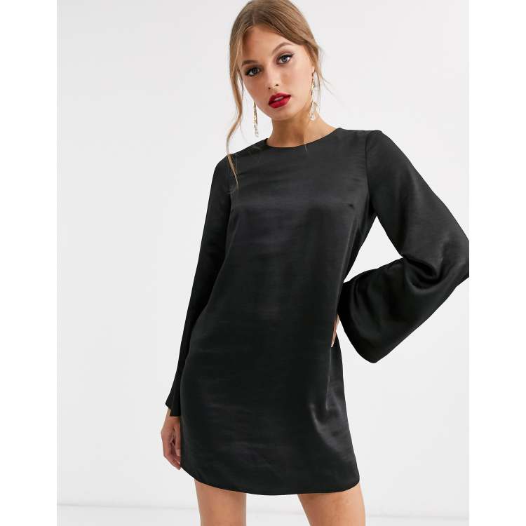 Sleek Allure Black Satin Long Sleeve Button-Up Mini Dress