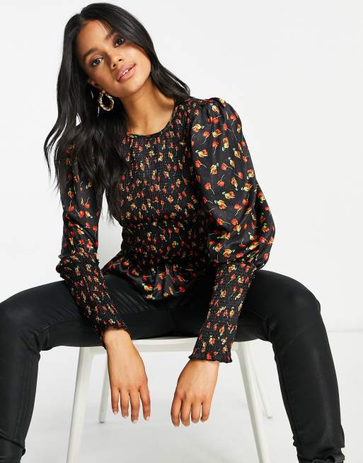ASOS DESIGN long sleeve satin shirred top in floral print