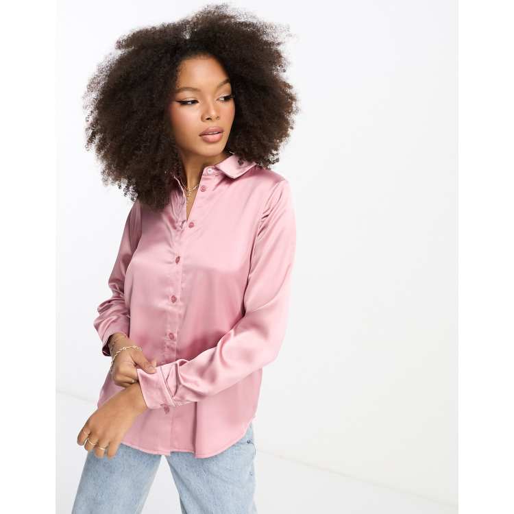 ASOS DESIGN long sleeve satin shirt in pink