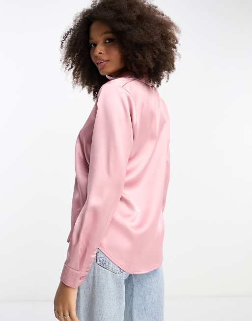 Blush Pink Long Sleeve Satin Shirt Blouse