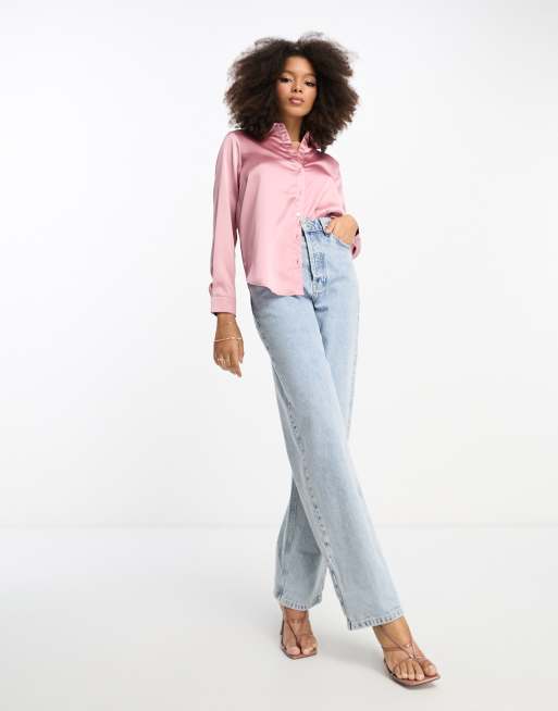 ASOS DESIGN long sleeve satin shirt in pink