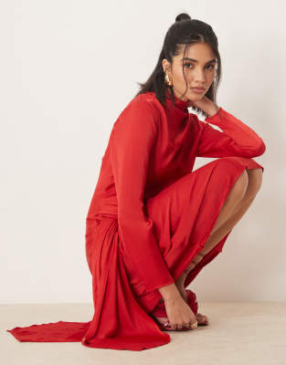 Asos Design Long Sleeve Satin Tie Front Maxi Dress