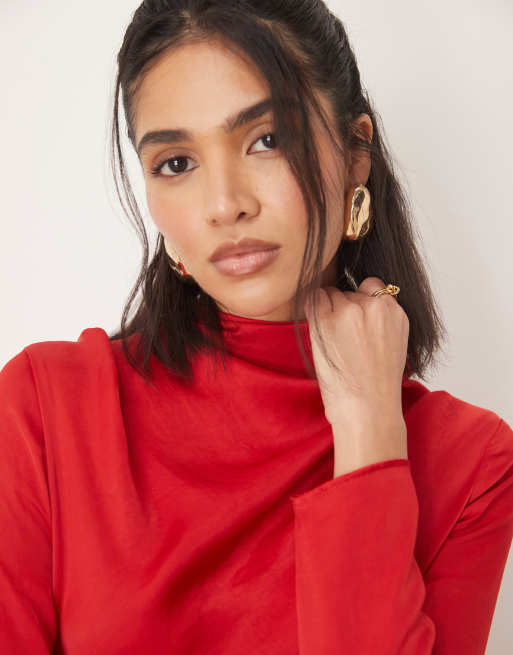 open lace back dress Rent ASOS DESIGN Satin Cowl Neck Maxi Dress With Ruching Detail In Dark Red